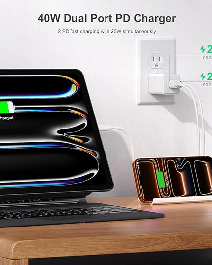 USB C 20W Wall Charger, 2 Pack Dual Port 40W PD 3.0 Type C Fast Charging Block, Durable Portable Charger for iPhone 11/12/13/14/15/16 Pro Max, iPad Pro, AirPods 4, for Apple Watch 10, Samsung Galaxy