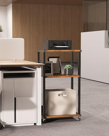 YMYNY Mobile Printer Stand, 3-Tier Printer Cart with Adjustable Storage Shelf and 6 S-Hooks, Tall Printer Table for Home Office, for Computer Tower Stand, Shredder, CPU Stand, Rustic Brown, UHPT002H