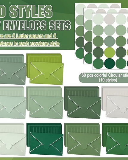 TaoBary 160 Packs Stationery Paper Set (50 Double Sided Stationery Writing Papers 50 Matching Envelopes) 60 Round Dot Sticker, 10 Design (5.5 x 8.25 Inch,Sage Green Color)