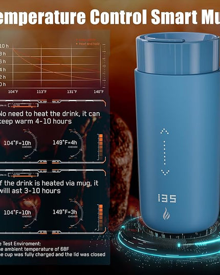 LEGARDLILIU Temperature Control Heated Coffee Mug Smart Self Heating Travel Mug 12 Oz App Controlled Warmer Mug 4-10 Hour LED Display Keep Coffee Hot Fast Wireless Charger Base Lake Blue