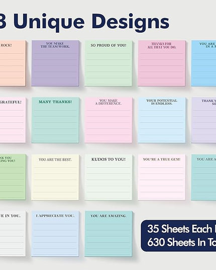 18 PCS Inspirational Sticky Notes with Lines, Adhesive Note Pads Motivational Fun Notepads, Employee Appreciation Gifts Bulk for Teacher, Nurse, Coworkers, Office, Work & Study Supplies (3” x 3“)