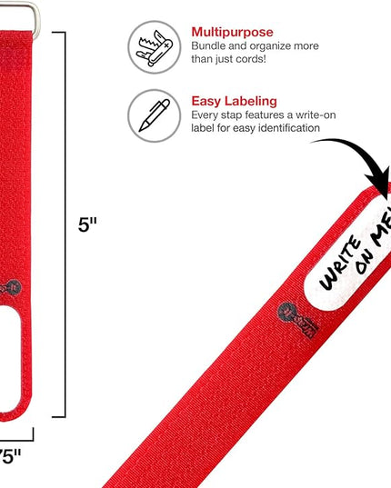 Wrap-It Storage Cinch-Straps, 5" 20 Pack (Red), Features Metal Buckle and Write on Label for Easy Cord Identification and Cable Management, Reusable Multi-Purpose Securing Cinch Straps
