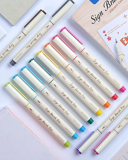 WRITECH Brush Tip Marker Pens: Artist Markers Flexible Tip Water Based 12ct Assorted Colors for Journaling Adult Coloring Hand Lettering Calligraphy Drawing Vibrant Colored