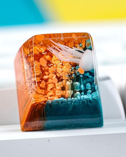 Jellyfish Artisan Keycap Orange Blue Coral Reef R1 SA Profile Custom Sea Creature Keycaps 1U ESC Handmade Gaming Sea Resin Key Cap Cherry MX Switch Compatible Mechanical Keyboard Jellyfish Lover Gift