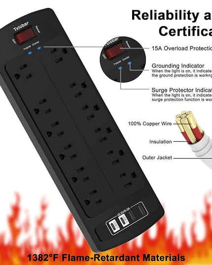 6 Ft Extension Cord Power Strip, Teiobar Surge Protector with 12 AC Outlets and 4 USB Ports for Home, Office, Dorm Essentials, 1875W/15A, 2700 Joules, ETL Listed, Black