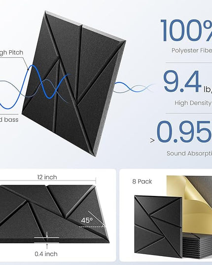8 Pack Acoustic Panels with Self-Adhesive, 12"X 12"X 0.4"Sound Proof Foam Panels, Sound Panels High Density, Soundproof Wall Panels for Home Studio Office-Black