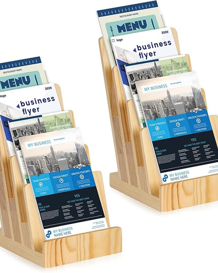 2 Pack 4 Tier Pine Wood Brochure Holder Stand 6 x 9 inch Literature Holder Flyer holder for 5.5 x 8.5 inch 5 x 7 inch Booklets Pamphlets Menus Magazines Multi Purpose Organizer