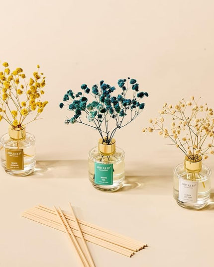 Airkeep Reed Diffuser Set of 3,Clean Cotton White Jasmine White Tea Oil Reed Diffusers for Bedroom Living Room Office Aromatherapy Oil Reed Diffuser for Gift 50ml x 3