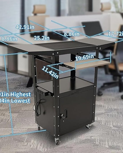 Upgraded AV Cart, Adjustable-Height Steel AV Cart with Locking Cabinet and Pullout Keyboard Tray, Rolling Media Cart with Wheels & Power for Computer Laptop Projector Printer (Black/43"x18"x43")