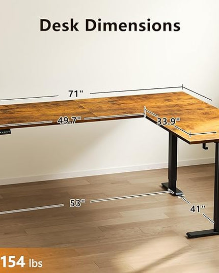 Casaottima 71 Inch Reversible Electric L Shaped Standing Desk, Height Adjustable Corner Stand up Desk, Ergonomic Large Lift Table for Home, Office, Workstation, Reception Room, Rustic Brown