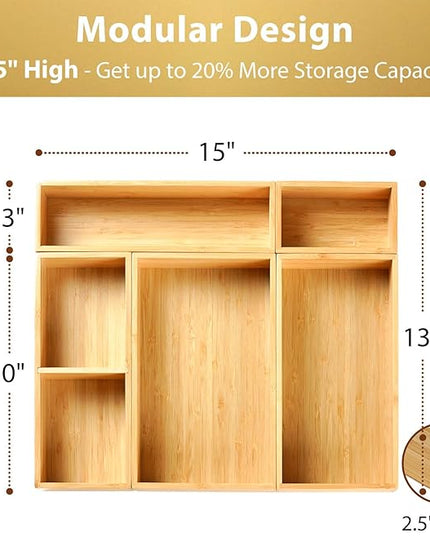 Umilife Drawer Organizer Storage Boxes, 2.5" High Bamboo Drawer Dividers, 5 Rearrangeable Bins for Kitchen, Office Desktop, Clothing, Makeup, vanity, Jewelry