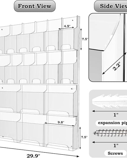 Acrylic Brochure Pamphlet Holder, 6 Magazine Holders and 12 Pamphlet Holders, Clear Brochure Display Holder Wall Mount, Trifold Flyer Rack, Literature Storage Rack for Home, Offices, Waiting Room