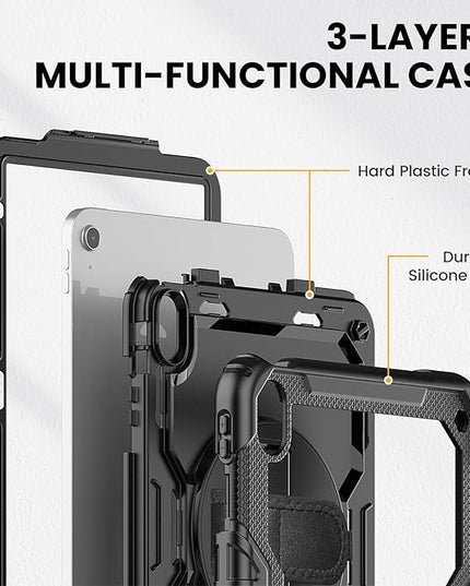 timecity for iPad (A16) 11th/ 10th Generation Case 11''/ 10.9 Inch (2025/2022) - Heavy Duty Protective Cover with Screen Protector, Stand, Shoulder Strap & Pencil Holder | Kids-Friendly - Black
