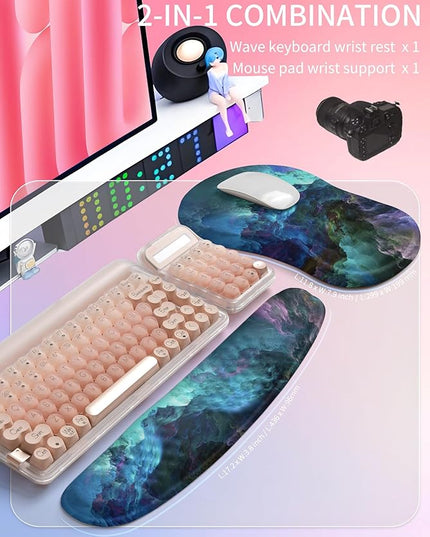 Hokafenle 2in1 Combination, Wave Keyboard Wrist Rest and Ergonomic Curvature Mouse Pad Wrist Support for Relieve Wrist Pain, Filled with Soft Cushion Memory Foam, Nebula Dreamland