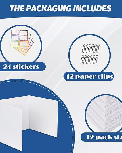12 Pack Desk Dividers for Students,3-Fold Privacy Screens,Testing Dividers for Classroom Waterproof,Plastic Easy Clean Privacy Shields for Student Includes Extra Labels