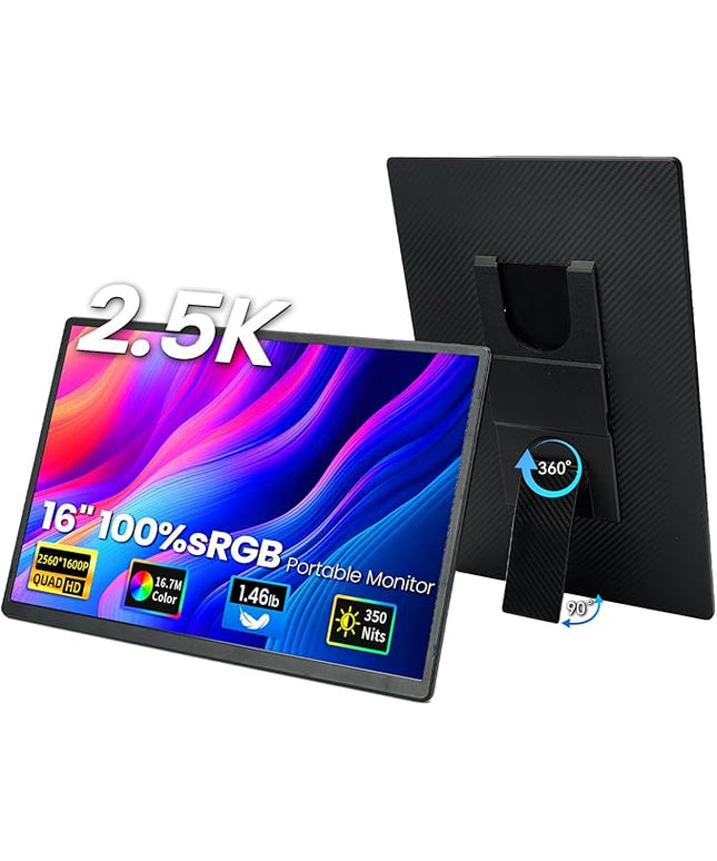 Larksmile 16” Portable Monitor - 2.5K QHD Laptop Screen Extender IPS Screen 100% sRGB External Portable Display with Stand Travel Monitor for PC Windows MAC Switch Phone Xbox PS4/5
