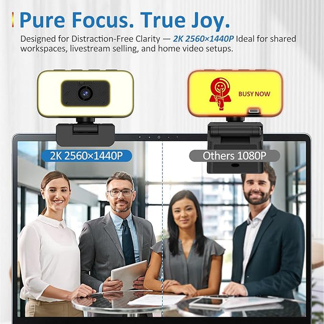 Danyesth 2K Webcam for Laptop, Computer Camera with Light for PC/Desktop/Mac [Light Your Face, Free Your Space] USB Webcam with Auto Anti-Disturb Backlight, Zoom & Flip, Privacy Cover, Microphone
