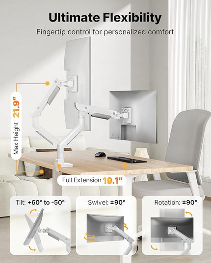 monTEK Sleek Aluminum Monitor Arm for 17–57” Ultrawide Screens up to 59.4 lbs, Heavy Duty Single Monitor Arm Desk Mount, Pneumatic Lift, Quick-Release Plate, Clamp/Grommet, Max VESA 100x100