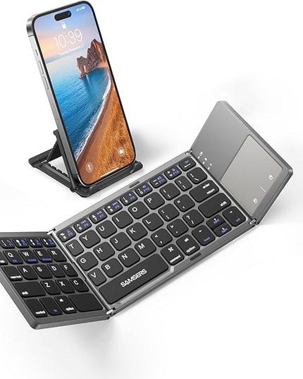 Samsers Foldable Bluetooth Keyboard with Touchpad, Portable Wireless Keyboard with Stand Holder, Rechargeable Full Size Ultra Slim Pocket Folding Keyboards for Android Windows IOS Tablet & Laptop-Gray