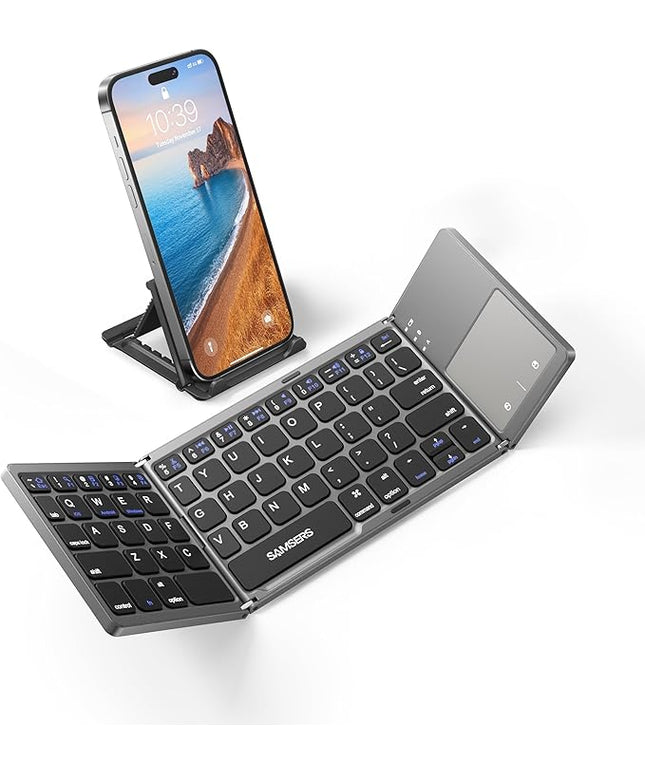 Samsers Foldable Bluetooth Keyboard with Touchpad, Portable Wireless Keyboard with Stand Holder, Rechargeable Full Size Ultra Slim Pocket Folding Keyboards for Android Windows IOS Tablet & Laptop-Gray