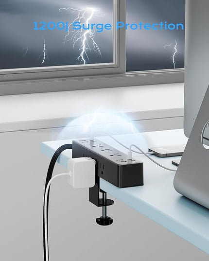 Flat Plug Desk Clamp Power Strip 10FT, 40W Total Fast Charging Station, Dual PD 20W USB C Ports, Desk Edge Mount Power Strip 9 AC Outlets 8 USB Ports(4 USB C) Surge Protector, Fit 1.7" Tabletop Edge
