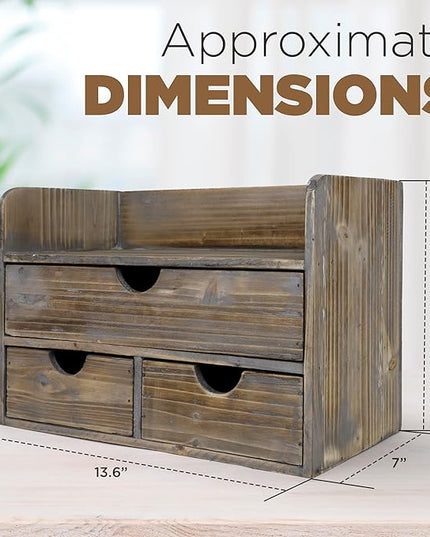 Besti Wooden Office Desk Organizer - Organizing Tool for Desktop, Cubicle, Bedroom, Kitchen - Vintage Style Organization Caddy with Top Tray Shelf & 3 Drawers - 13.6x9x7 Inches (Rustic)