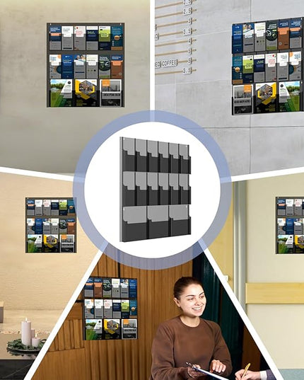Nalwort Acrylic Brochure Pamphlet Holder, 3 Magazine Holders and 12 Pamphlet Holders, Black Display Rack Wall Mount, Trifold Flyer Holder, Literature Storage Rack for Home, Offices, Waiting Room