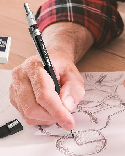Nicpro 2mm Metal Mechanical Pencil Set, 2PCS Lead Holder 2.0 mm Marker Artist Carpenter Pencils with 120 Graphite Lead Refill (HB 2H 4H 2B 4B & Color), 2 Eraser for Drafting, Drawing Writing Sketching