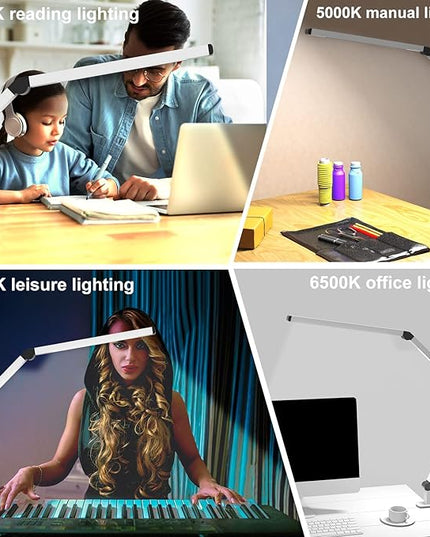 Micomlan LED Desk Lamp with Clamp, Dual Light Table Lamp with Adjustable Swing Arm, Eye-Care 4 CCT Modes & 5 Brightness Levels Clip-on Architect Modern Desk Light for Home Office Crafting Sewing