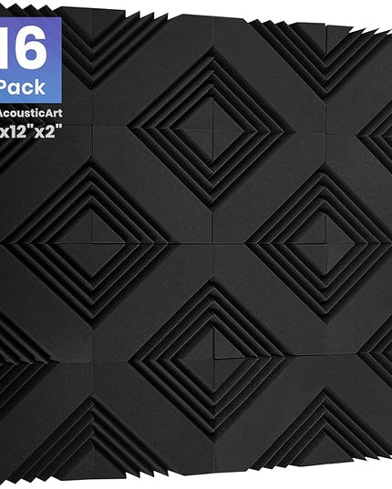 Focusound 16 Pack DIY Creative Art Decor Acoustic Foam Panels 2" x 12" x 12" Sound Proof Foam Panels Soundproofing Noise Cancelling Wedge Panels with 90PCS Reusable Double-Side Adhesive Dots