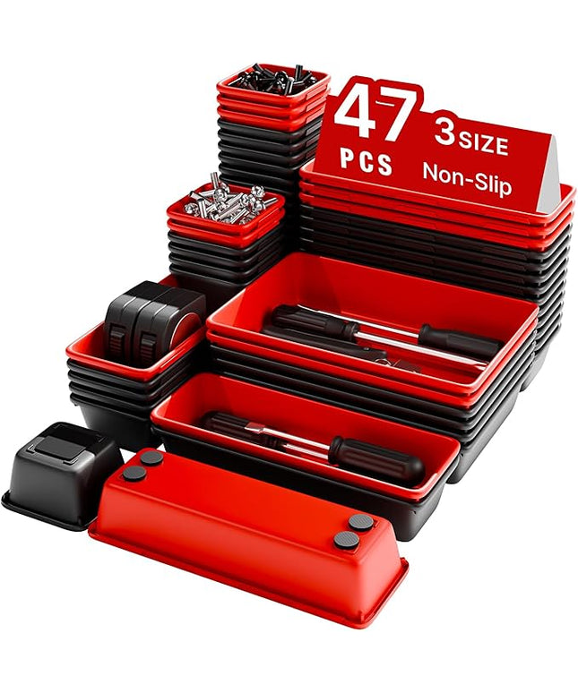 Toolbox Organizer Trays, Tool Chest Drawer Organizer with Non-Slip EVA Pads – 47pcs Red and Black Interlocking Trays for Workbench, Rolling Tool Cart, Garage