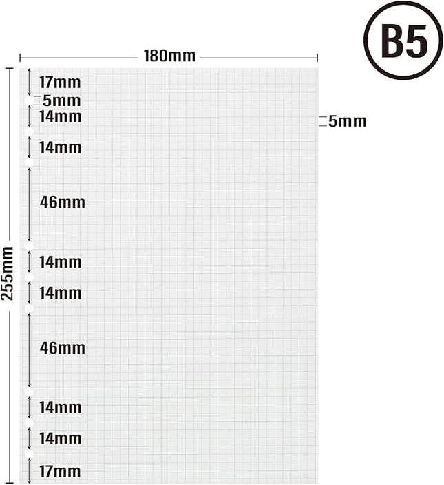 90 Sheets Planner Refill Paper, 255x180mm, 5mm Squared Inserts Paper B5 9 Holes Binder Grid Notepaper for Filofax Bullet Journals Diary