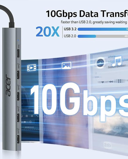 Acer 10 Gbps USB C Hub, USBC Splitter with 4*USB C 3.2 and 100W PD Port, Fast Transfer Type-C Multiport Adapter Compatible with MacBook Pro/M2/M1, iPad, Surface Pro, XPS【No Video Output】