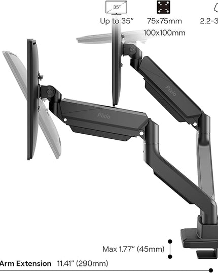 Pixio PS2D Ultrawide Heavy-Duty Premium Dual Monitor Arm Stand Desk Mount - Fits up to 35 inches Two Monitors, Weights up to 33 lbs Each, Height Adjustable, Compatible with VESA 75x75mm 100x100mm
