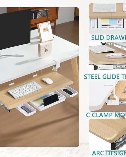 ETHU Keyboard Tray Under Desk, Pull Out Keyboard & Mouse Tray with C-clamp, Ergonomic Desk Keyboard Tray Slide Out, Pull Out Platform Drawer for Home and Office（Oak）