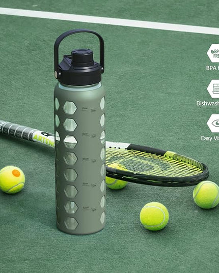 MUKOKO 32oz Glass Water Bottles with 2 Lids-Handle Spout Lid&Bamboo Straw Lid, Motivational Water Tumbler with Time Marker Reminder and Silicone Sleeve, Leakproof-Olive-1 Pack