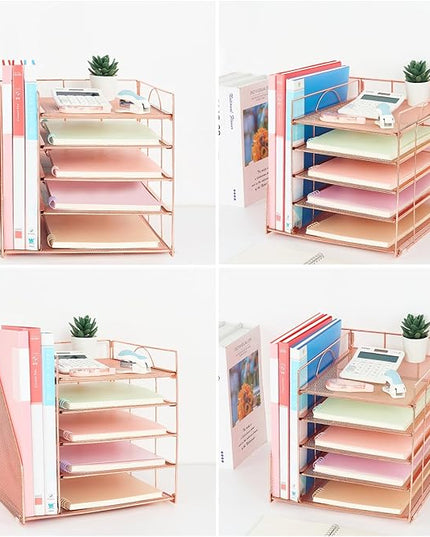 LEKETREE Desk Organizers and Accessories, 5-Tier Paper Letter Tray Organizer with File Holder, Desktop Organizer for Office Supplies (Rose Gold)