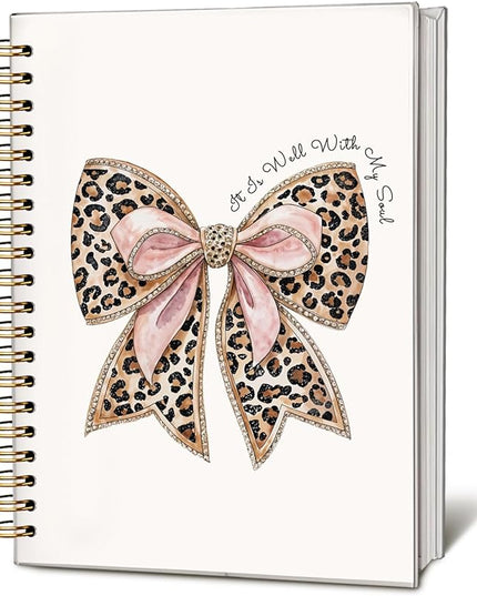 Leopard Coquette Bow Christian Spiral Notebook – Religious Prayer Journal for Women, It is Well with My Soul Scripture Hardcover Notebook, 5.5x8.3 Inch, Inspirational Christian Gift for Her