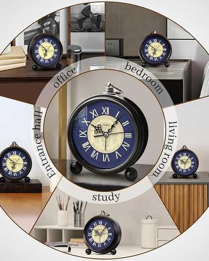 TIMESS Vintage Analog Alarm Clock, 4.3" Silent Non-Ticking Quartz Desk Clock with Roman Numerals, Battery Operated Table Clock for Bedroom, Living Room, Office, or Gift (Blue)