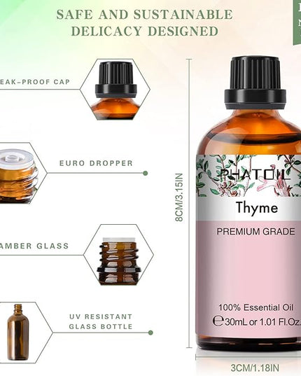 Thyme Essential Oil, 1.01Fl.Oz (30ML) PHATOIL Pure Essential Oil Singles for Aromatherapy Diffusers, Humidifiers, Great for DIY Candle and Soap Making, Gift for Friend