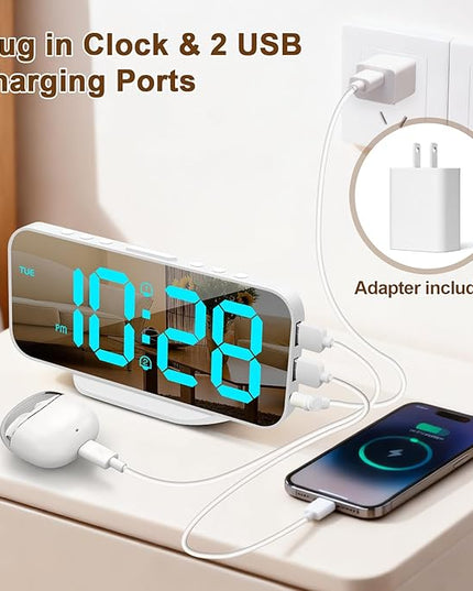 ALANAS Mirror Digital Alarm Clock, Dual Alarms with Snooze, 4-Level Dimmer, 2 USB Ports, Plug in Modern Alarm Clock for Bedrooms (Blue Digit)