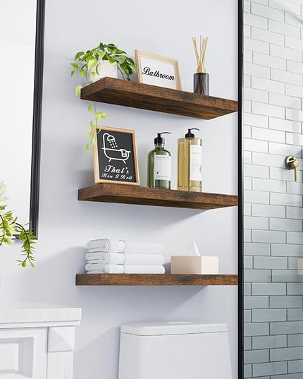 BAYKA Floating Shelves Bathroom for Wall – Shelf Over Toilet Farmhouse Rustic Wood for Bedroom, Kitchen, or Living Room Decor Organization Display Shelving – Rustic Brown, Set of 3