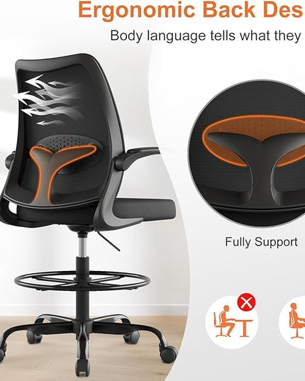 Tall Office Chair for Standing Desks,High Desk Drafting Chair with Adjustable Footrest Ring,Ergonomic Lumbar Support,Flip-Up Armrests for Home Office,Black