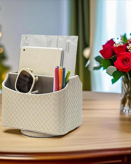 UnionBasic Rotating Desk Organizer, 360 Degree Desk Spinning Caddy, Desktop TV Guide/Mail/Media/Remote Controller Holder Organizer, Woven Beige