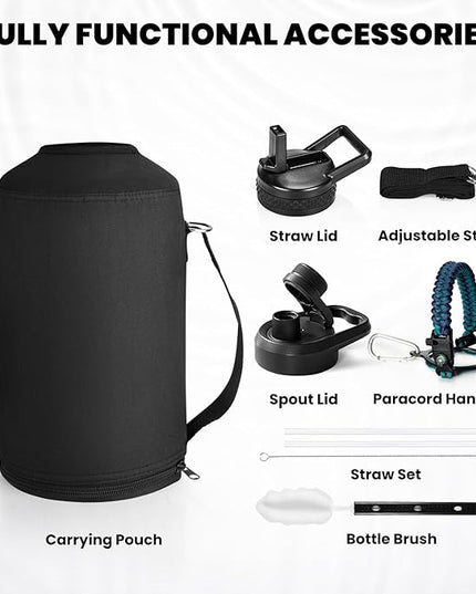 One Gallon Water Bottle Insulated, Triple Walled Vacuum Stainless Steel (Cold for 48 Hrs), Leak Proof & Non-BPA, Large Water Flask Jug with Paracord Handle & Straw Spout Lids