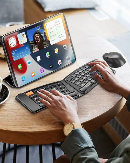 ProtoArc Ergonomic Foldable Keyboard Mouse, XKM03 Portable Folding Bluetooth Keyboard Mouse Combo for Business and Travel, Split Design, 3 Bluetooth, Rechargeable, for iPad, Tablet, iPhone, Laptop