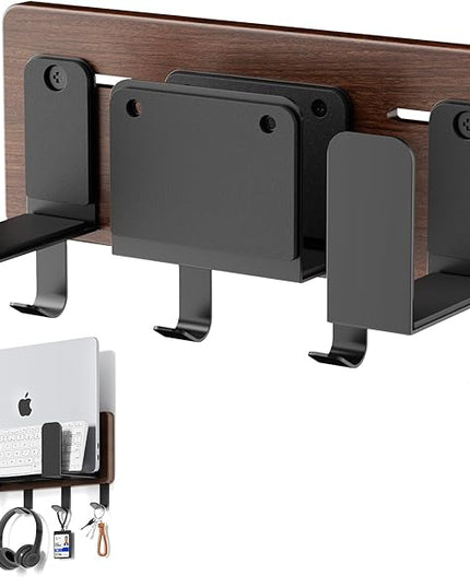 Universal Laptop Wall Mount Holder, Adjustable Metal Desk Organizer with Hooks | Ventilated Cooling & Anti-Scratch Pads | Compatible with 10-17.3 inch Laptop, Tablet, Keyboard, Router, Modem