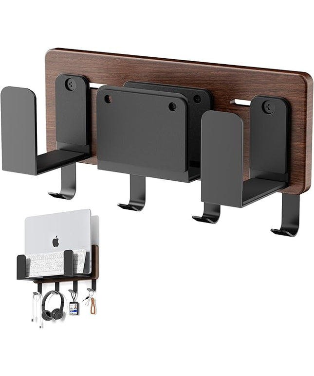 Universal Laptop Wall Mount Holder, Adjustable Metal Desk Organizer with Hooks | Ventilated Cooling & Anti-Scratch Pads | Compatible with 10-17.3 inch Laptop, Tablet, Keyboard, Router, Modem