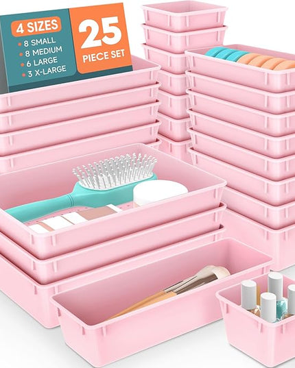 WOWBOX 25 PCS Plastic Drawer Organizer Set, 4 Sizes Desk Drawer Divider Organizers and Storage Bins for Makeup, Jewelry, Gadgets for Kitchen, Bedroom, Bathroom, Office, Pink