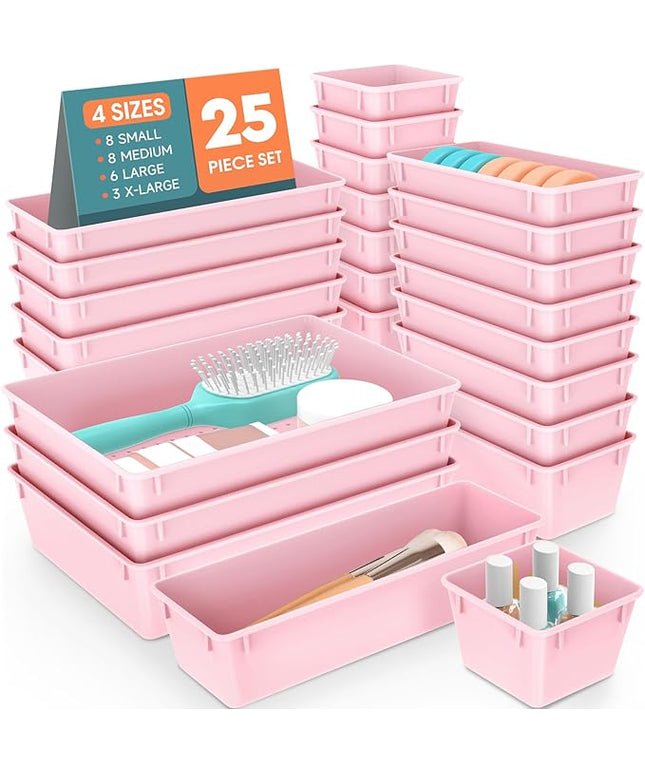 WOWBOX 25 PCS Plastic Drawer Organizer Set, 4 Sizes Desk Drawer Divider Organizers and Storage Bins for Makeup, Jewelry, Gadgets for Kitchen, Bedroom, Bathroom, Office, Pink